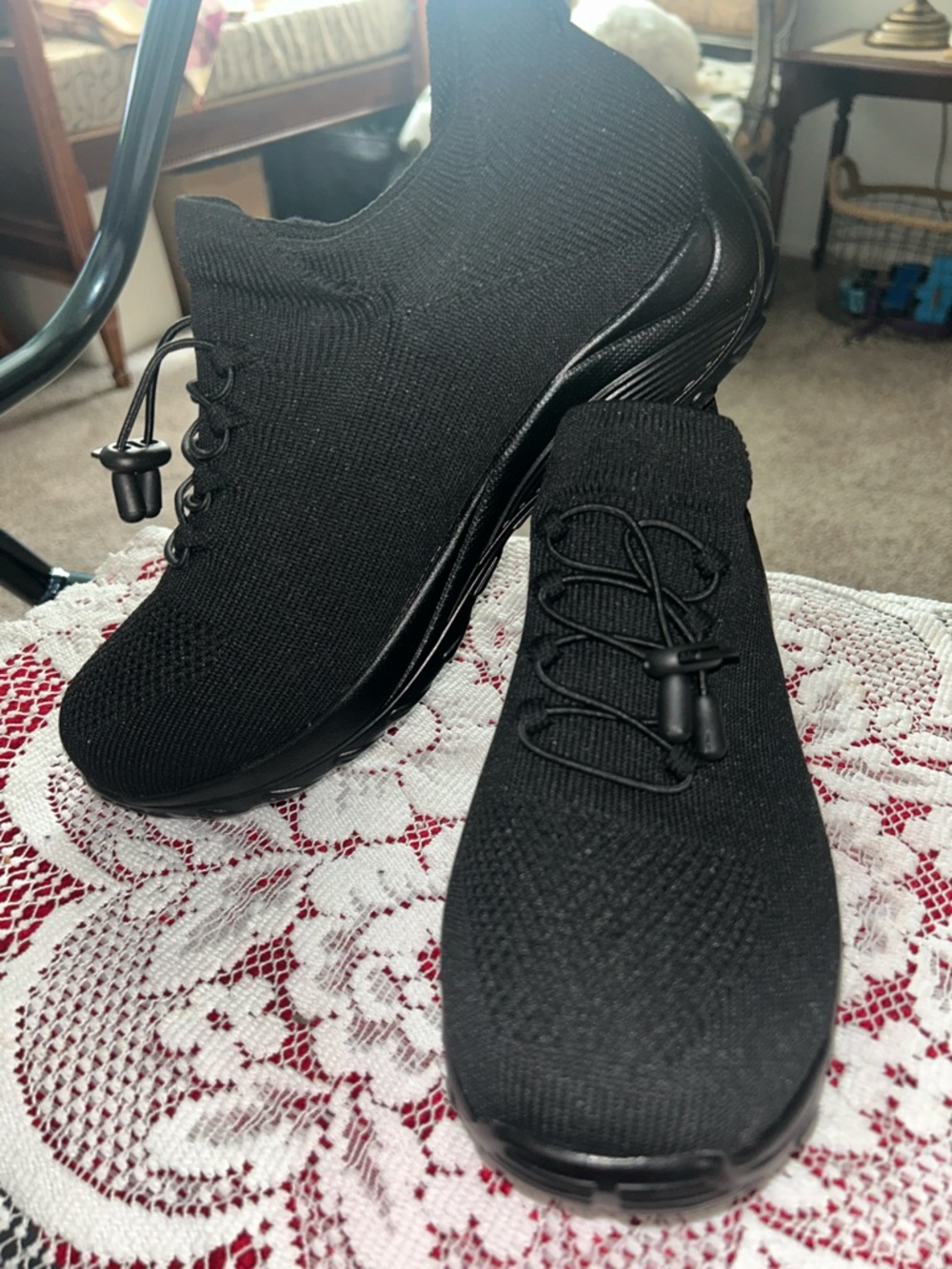 Men's Black Knit Slip-On Sneakers with Toggle Lacing